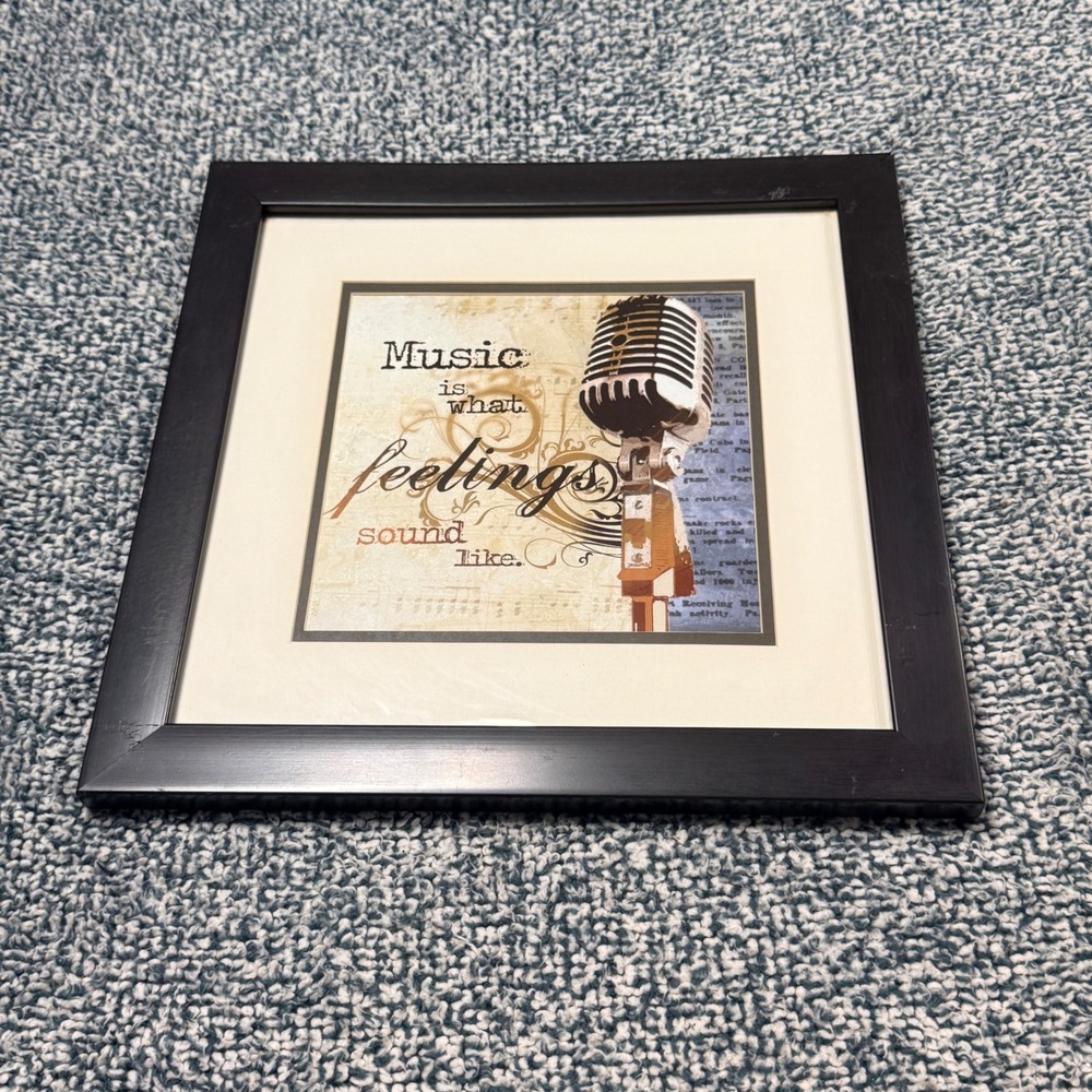 Music is What Feelings Sound Like Framed Wall Art Vintage Microphone 14x14